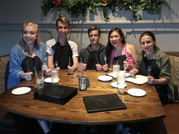 Ready to eat in Whiskey Creek! (Left to right) Diana Bodine (did not participate in review), Jordan Kost, Nathan Gardea, Kristen Lamb, and Cons Saturio.