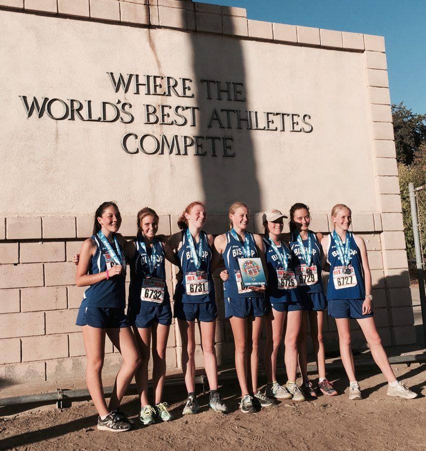 Bishop Broncos Cross Country Girls in front of Iconic Mount SAC Sign