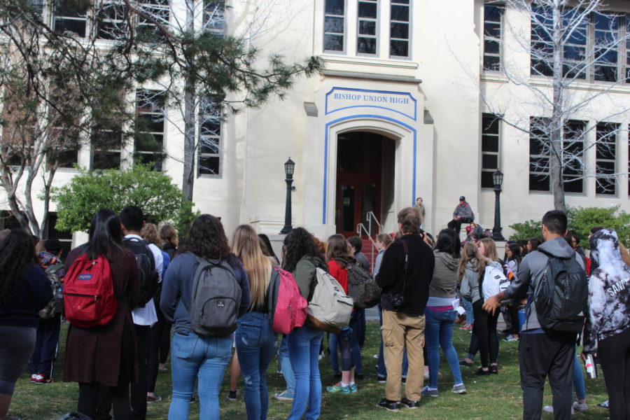 Students congregated in protest.  Photo from the walkout following the Parkland shooting., March 2018