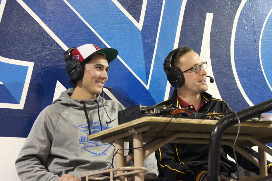 Matthew Rosga with Bronco Round up doing a broadcast on Boys basketball game with Bradford Evans from KIBS