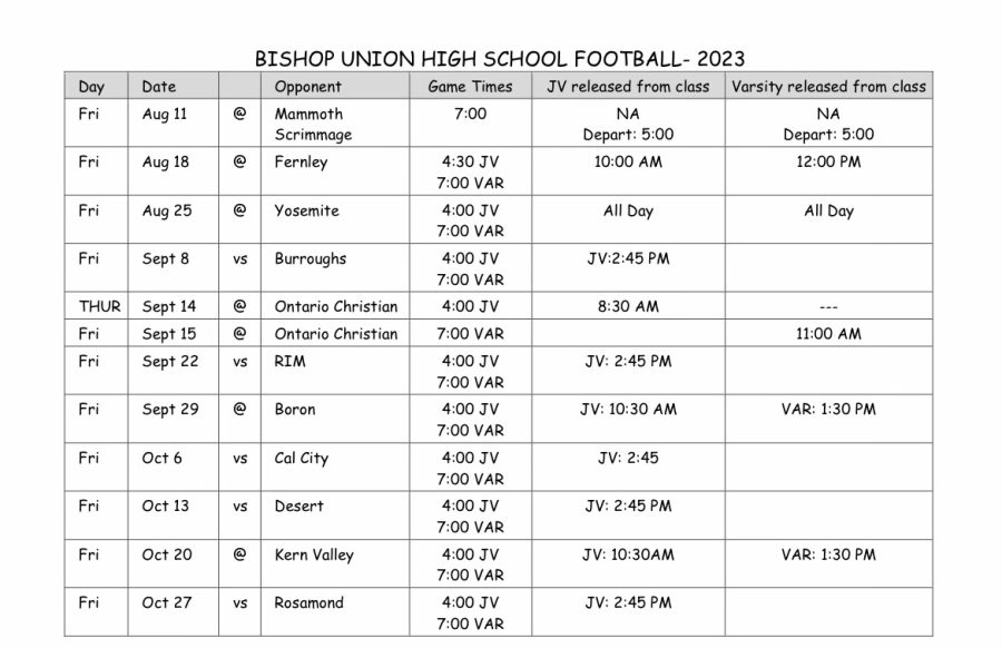 Bishop Union High School Football 2023 Schedule Announced