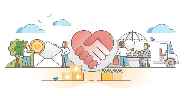Charity support as social solidarity and help gifts donation outline concept. Philanthropy and volunteer assistance with money, medicine and food vector illustration. Contribution and sponsor scene.