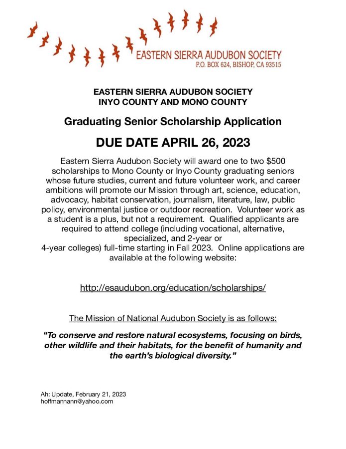 Eastern Sierra Audubon Society Scholarship Due April 26th